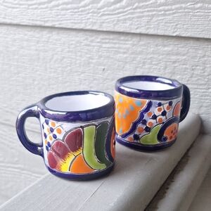 2 Talavera Mexico Redware Colorful Hand Painted Espresso Cups